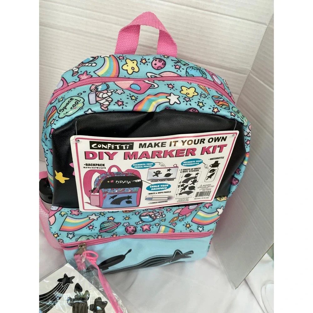 Confetti DIY Marker Kit Backpack Kids Blue Pink Space Theme New Water Bottle